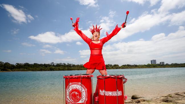 Sharyn Alderton from drumming group Repercussion at last year's Buskers by the Creek festival. Picture: Tim Marsden.