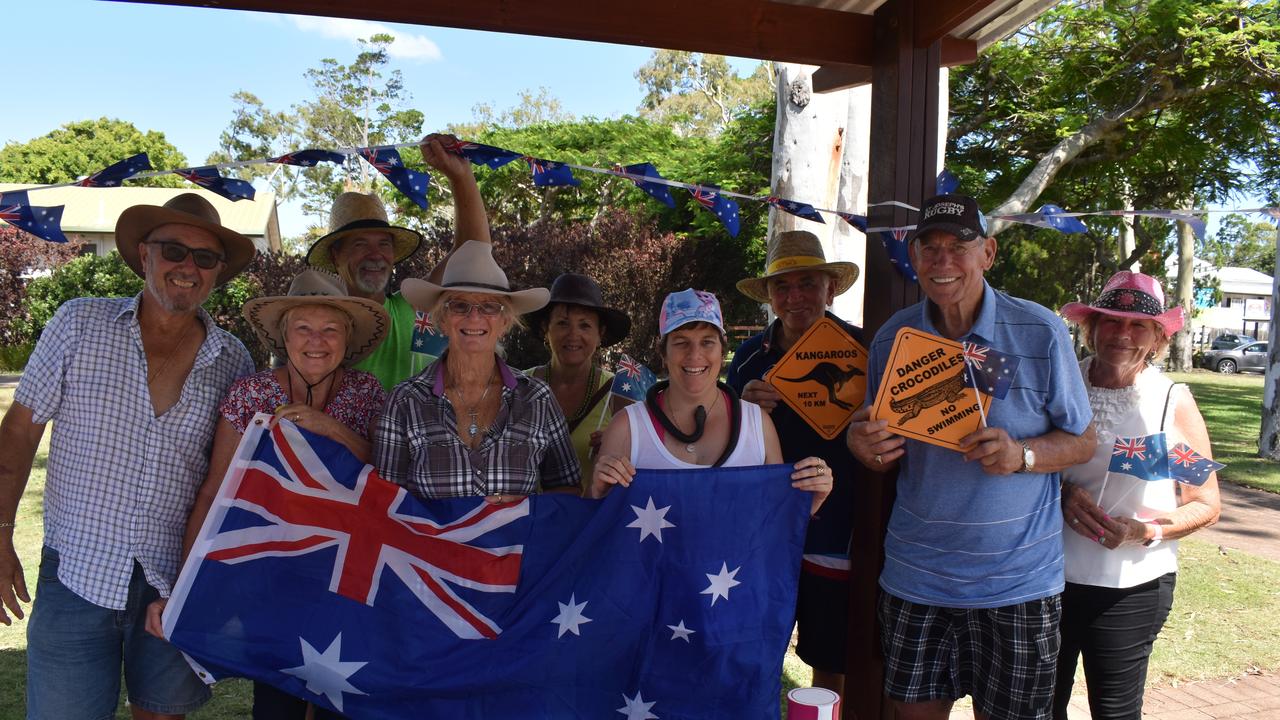 Luke Storken, Des Goss, Gwen Goss, Lorraine Millard, Crystal Millard, Brian Baker, Narelle Baker, Dennis Manteit and Gwen Manteit enjoy a big Australia Day celebration along the Esplanade in Hervey Bay. Photo: Stuart Fast