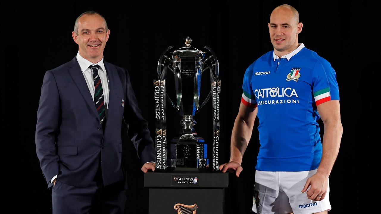 Coach Conor O’Shea and captain Sergio Parisse at the Hurlingham Club in west London.