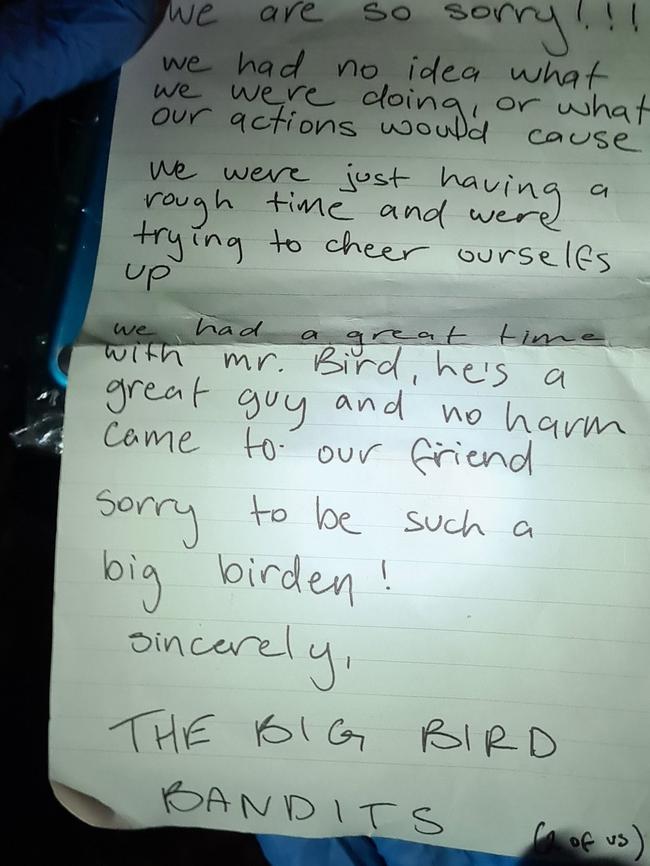 Apology letter from "The Big Bird Bandits". Picture: SA Police