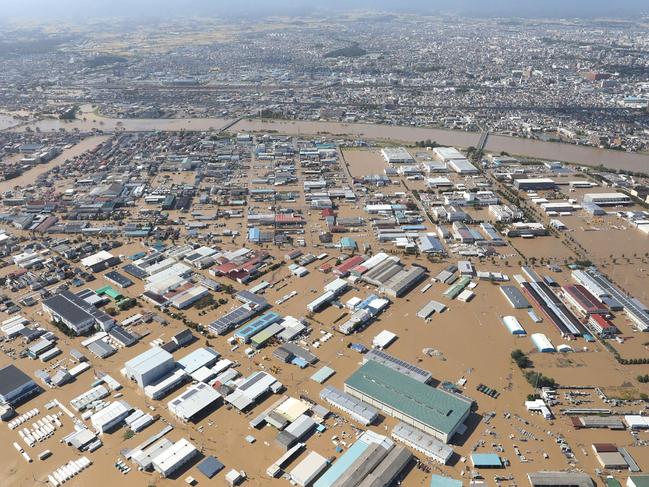 This aerial view shows a flooded area in Fukushima prefecture one day after Typhoon Hagibis swept through central and eastern Japan. Picture: AFP/Japan OUT