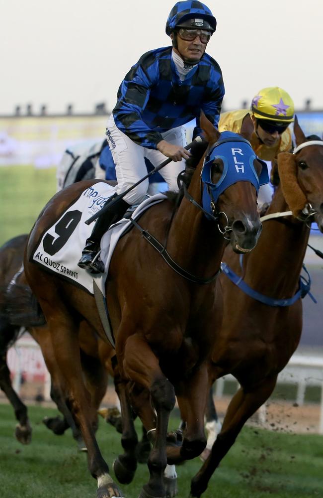 Damian Browne and the world class Buffering combine to win the Al-Quoz Sprint during the Dubai World Cup meeting in March. Picture: AFP