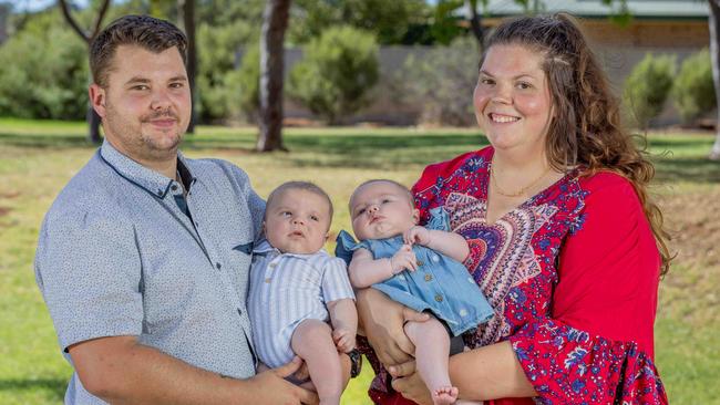 Three month old twins, Luca and Kiarah with dad Louis and mum Jazmyn McGee. Picture: Ben Clark