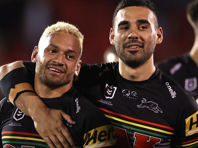 SYDNEY, AUSTRALIA - OCTOBER 02:  Apisai Koroisau of the Panthers and Tyrone May of the Panthers celebrate after winning the NRL Qualifying Final match between the Penrith Panthers and the Sydney Roosters at Panthers Stadium on October 02, 2020 in Sydney, Australia. (Photo by Cameron Spencer/Getty Images)