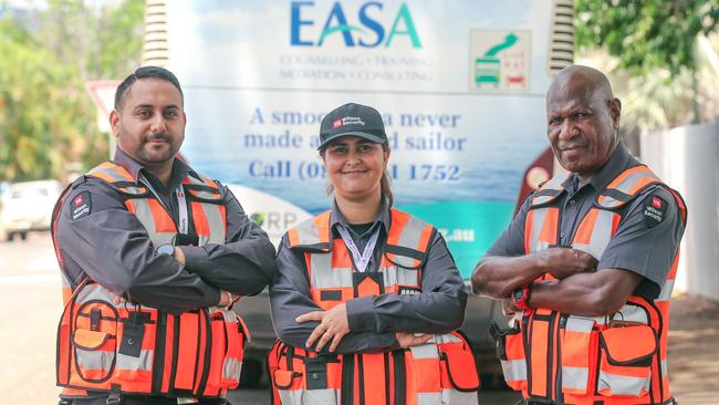 Joga Singh, Kavita Mann and Andrew Ned are three of the 14 security officers that have started boarding Darwin buses. Picture: Glenn Campbell