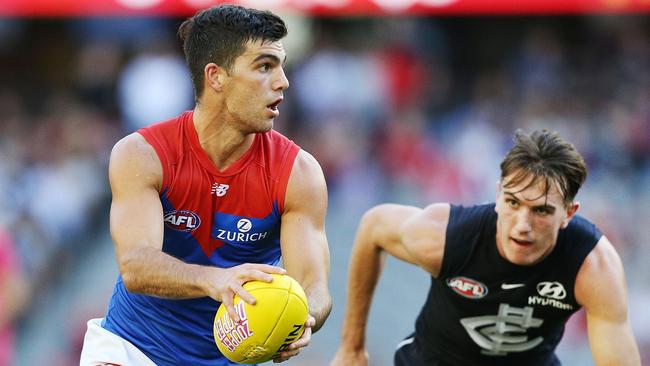 Melbourne rookie Corey Maynard in action during the AFLX tournament. Picture: Getty Images