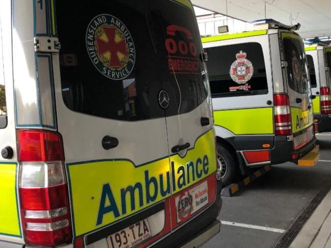 Ambulances parked outside Gold Coast University Hospital. 