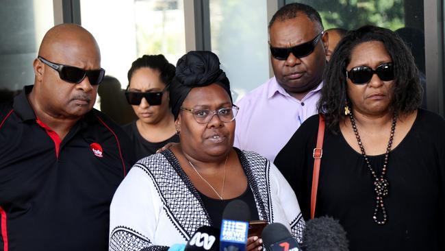 The mother of Maliq “Meeky” Nicholas Floyd Namok-Malamoo, centre, speaking to media outside the Cairns Court upon the sentencing of Michael Lewis. Picture: Stewart McLean