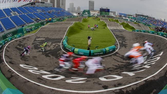 Action during the BMX racing men’s and women’s semi-finals at the Ariake Urban Skate Park in Tokyo. Picture: Alex Coppel