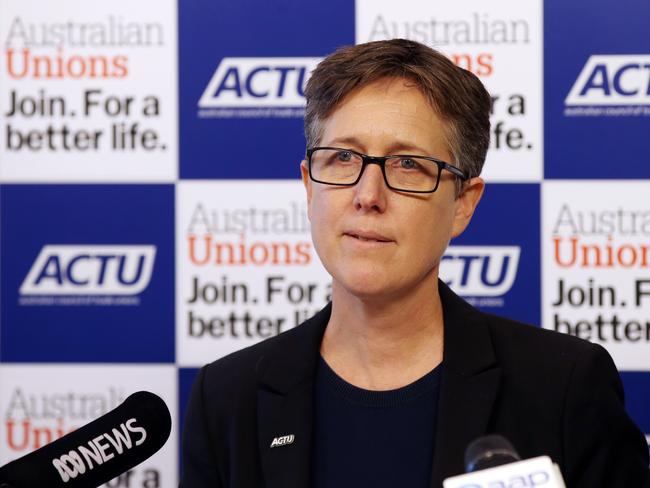 Australian Council of Trade Unions (ACTU) Secretary Sally McManus is seen during a press conference in Melbourne, Monday, February 5, 2019. The ACTU will address revelations under FOI Act that there was collusion between Scott Morrison and the banks ahead of an announcement of a Royal Commission. (AAP Image/David Crosling) NO ARCHIVING