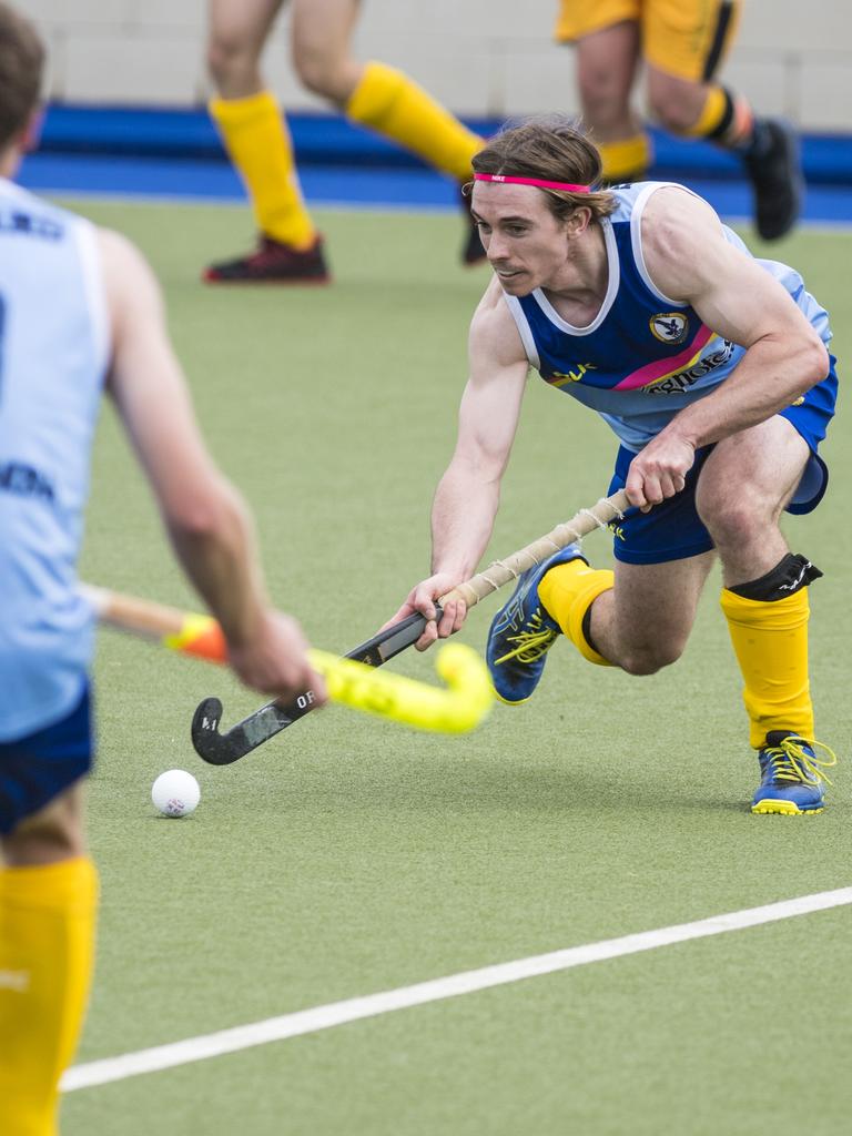 Max Harding of Toowoomba 1 against Sunshine Coast in Hockey Queensland Championships at Clyde Park, Sunday, May 2, 2021. Picture: Kevin Farmer