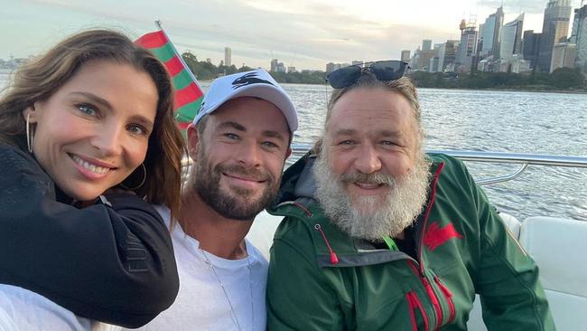 Elsa Pataky, Chris Hemsworth and Russell Crowe on Sydney Harbour in March. Picture: Instagram