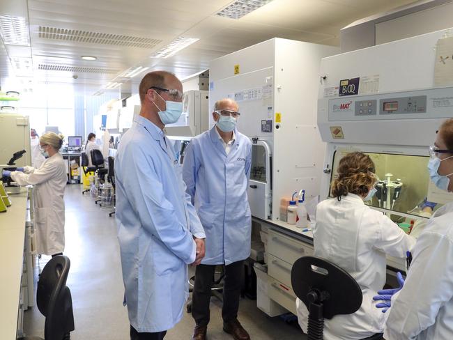 Prince William wears a mask as he meets scientists during a visit to the manufacturing laboratory where a vaccine against COVID-19 has been produced at the Oxford Vaccine Group's facility at the Churchill Hospital. Picture; Getty Images