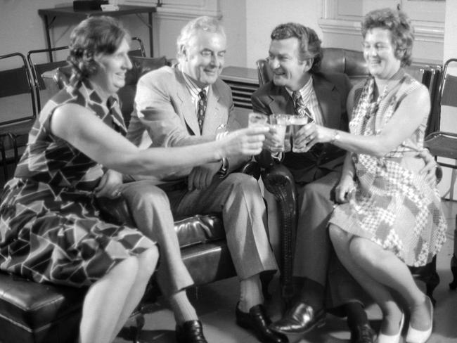 New Federal Labor leader Gough Whitlam (2/L) and wife Margaret (L) toast a possible ALP victory with ACTU President Bob Hawke and his wife Hazel after his election to party leadership in 1971.