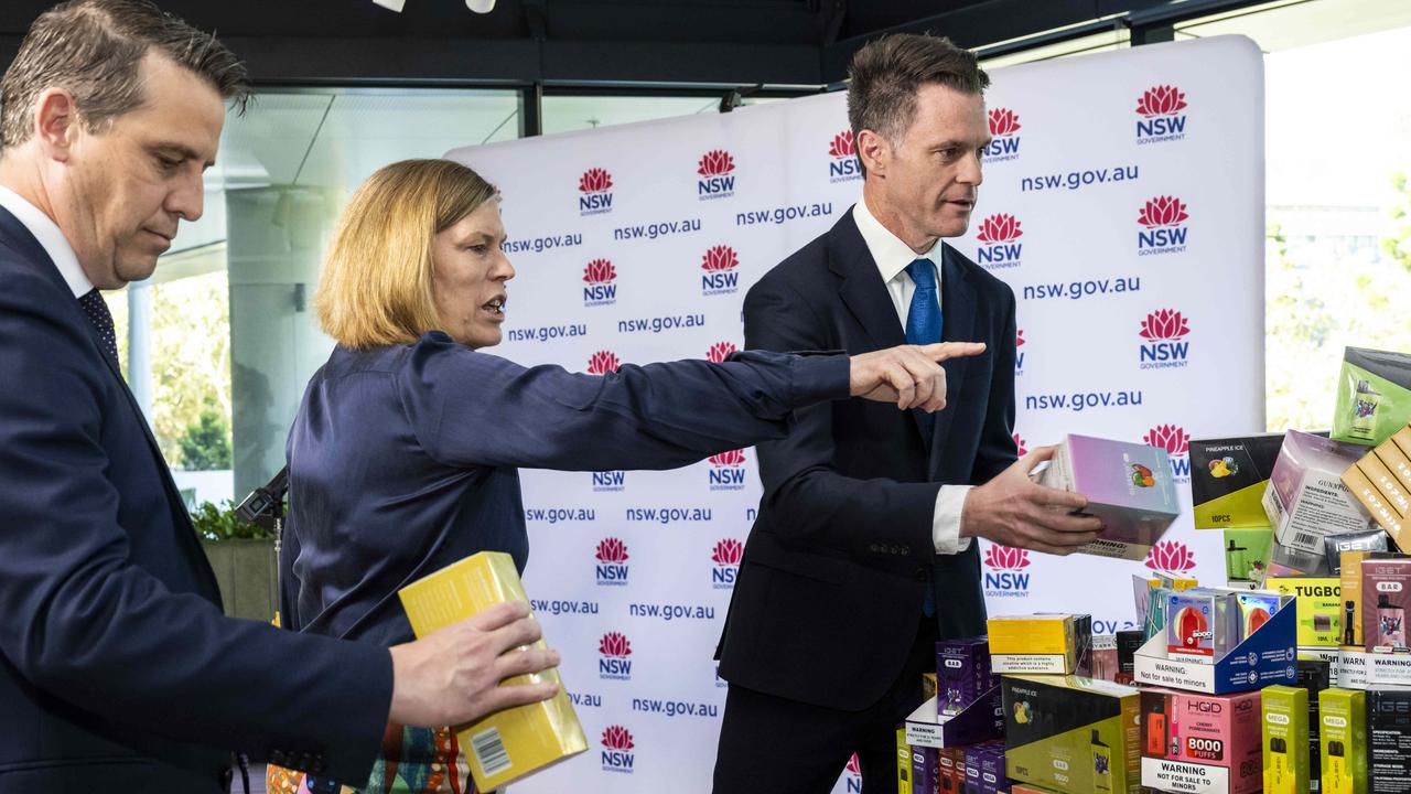 Health Minister Ryan Park, NSW chief health officer Kerry Chant and NSW Premier Chris Minns have all warned of the dangers vape products pose to children. Picture: NCA NewsWire / Monique Harmer