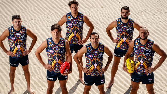 Adelaide’s 2019 indigenous guernsey that will be worn against West Coast. From left to right - Tyson Stengle, Shane McAdam, Ben Davis, Eddie Betts, Wayne Milera and Cameron Ellis-Yolmen. Picture: Matt Turner