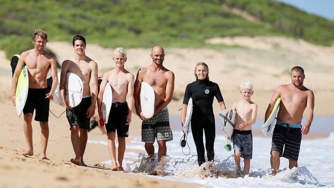 North Shelly Boardriders have a wildcard entry into the Australian Boardriders Battle final this weekend. Boardriders l-r Johnnie Keith, Jackson Roberts, Joel Vaughan, Russ Molony, Molly Picklum, Hughie Vaughan and Shane Holmes. (AAP Image/Sue Graham)