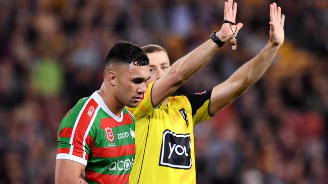 Jaydn Su'A is sent off to the sin-bin for a head-high tackle. Picture: AAP