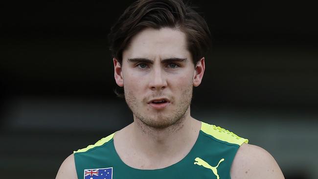 SUVA, FIJI  June 4, 2024.  Oceania Athletics Championships at HFC Bank Stadium, Suva.  Mens 100 mtr heats.  Australian sprinter Rohan Browning before his heat    . Pic: Michael Klein