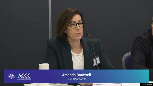 Woolworths chief executive Amanda Bardwell appearing before a ACCC public hearing as part of its ongoing supermarkets inquiry.