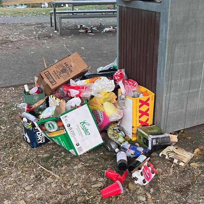 Rubbish piled high next to a bin at Cascade Gardens. Picture: Jane Bansgrove