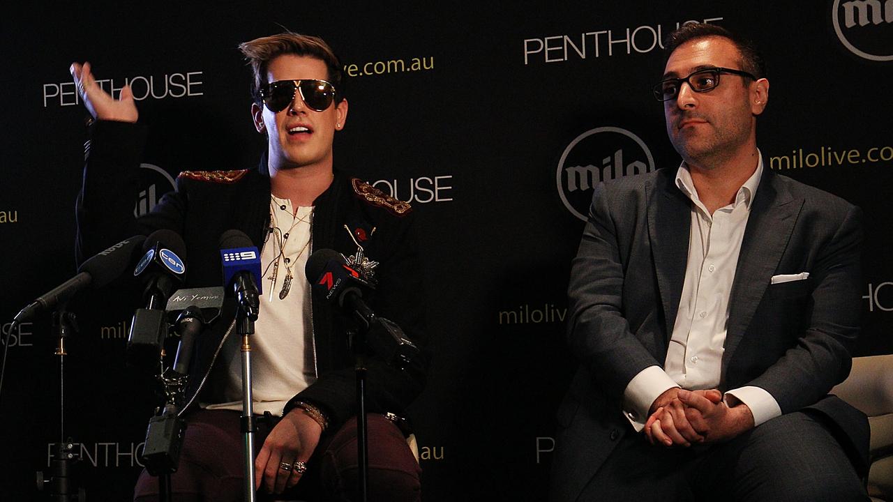 Milo Yiannopoulos speaks alongside Penthouse publisher Damien Costas during a press conference on November 29, 2017 in Sydney. Picture: Lisa Maree Williams/Getty Images