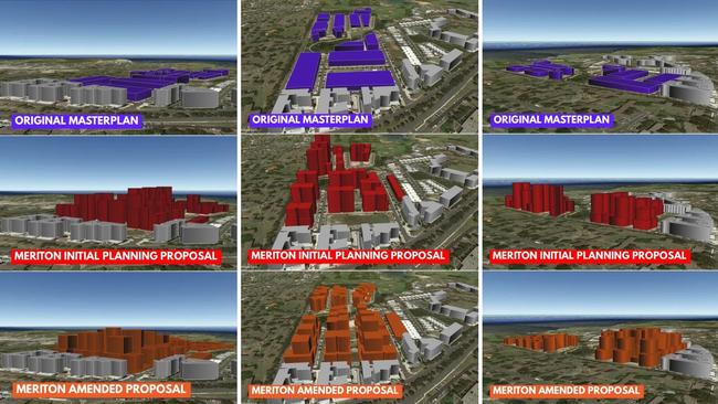 Impressions of the three plans: Original (blue); Meriton’s 22-storey (red); Meriton’s 17-storey (orange). Picture: Facebook.