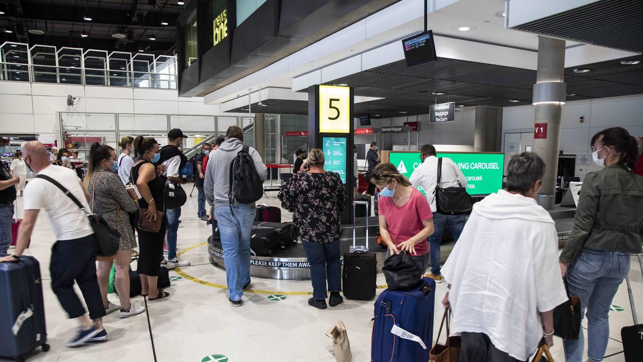 People arriving to Brisbane Airport on Monday from Adelaide flight VA1395. Picture: Mark Cranitch