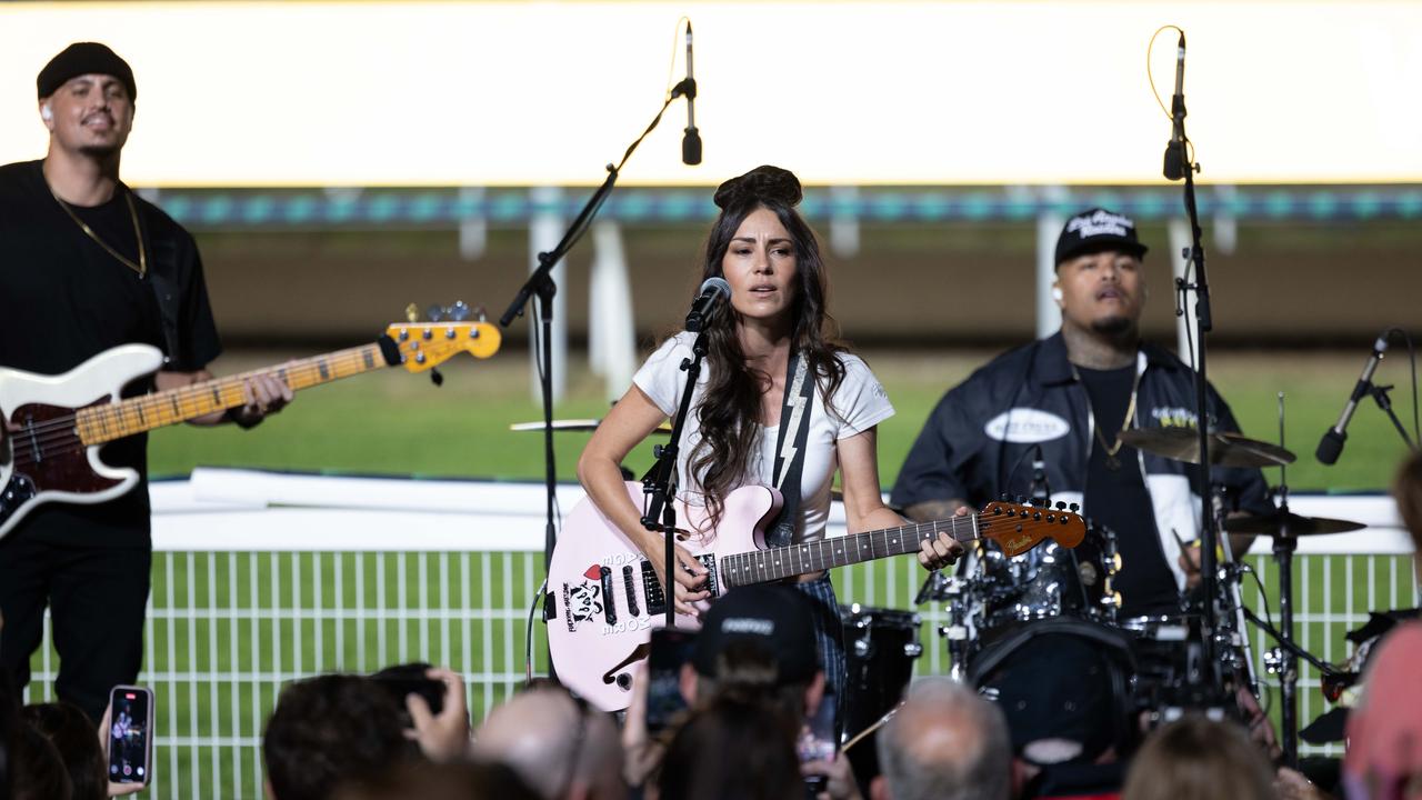 Amy Shark performs at the Gold Coast Magic MIllions twilight meet at Gold Coast Turf Club on Friday night. Picture: Luke Marsden