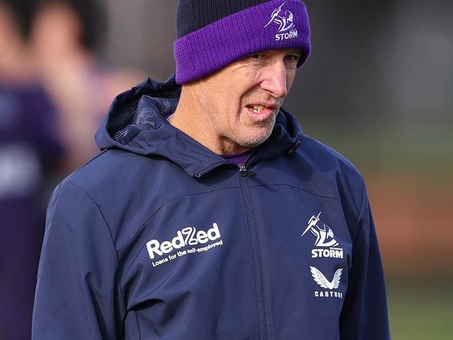 MELBOURNE, AUSTRALIA - JUNE 14: Melbourne Storm coach, Craig Bellamy looks on during a Melbourne Storm training session at Gosch's Paddock on June 14, 2023 in Melbourne, Australia. (Photo by Robert Cianflone/Getty Images)