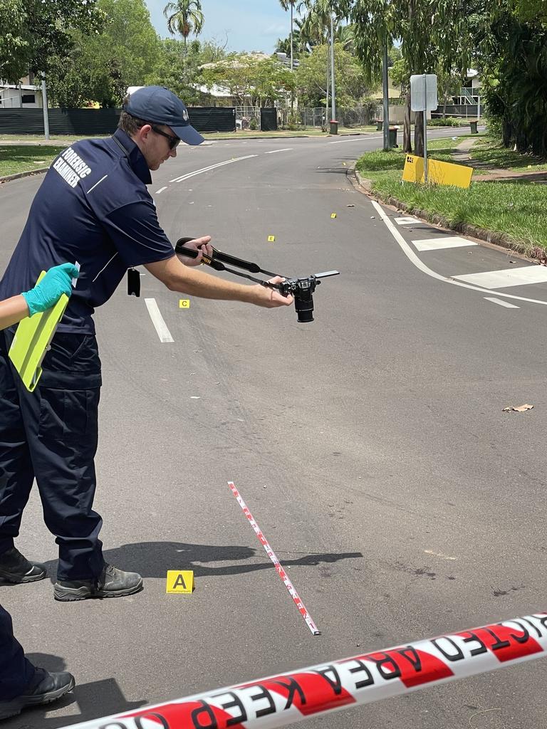 The crime scene in Driver, Palmerston after a body was found on a driveway. Picture: Annabel Bowles