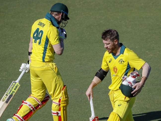 Steve Smith is seen replacing Dave Warner after getting out during World Cup practice match Australia v New Zealand at Allan Border Field in Brisbane, Monday, May 6, 2019. (AAP Image/Glenn Hunt) NO ARCHIVING