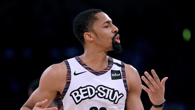 LOS ANGELES, CALIFORNIA - MARCH 10: Spencer Dinwiddie #26 of the Brooklyn Nets reacts to his offensive foul during a 104-102 win over the Los Angeles Lakers at Staples Center on March 10, 2020 in Los Angeles, California. (Photo by Harry How/Getty Images) NOTE TO USER: User expressly acknowledges and agrees that, by downloading and or using this photograph, User is consenting to the terms and conditions of the Getty Images License Agreement.