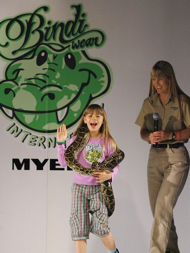 Stepping into her own! Bindi Irwin, launching her own clothing line, with mother Terri Irwin at Myer in 2008. Picture: Getty Images