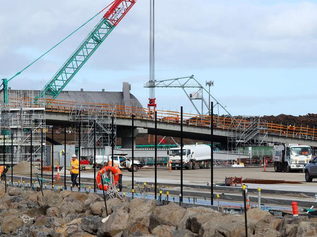 Work on the giant vehicle ramp for the The Spirit of Tasmania terminal in Geelong in 2022. Picture: Alison Wynd