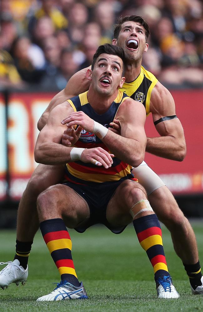 Alex Rance wrestles with Adelaide captain Taylor Walker during the Grand Final. Picture: Phil Hillyard