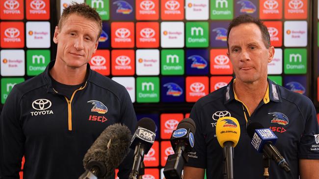 Adelaide Crows football manager Brett Burton and coach Don Pyke.