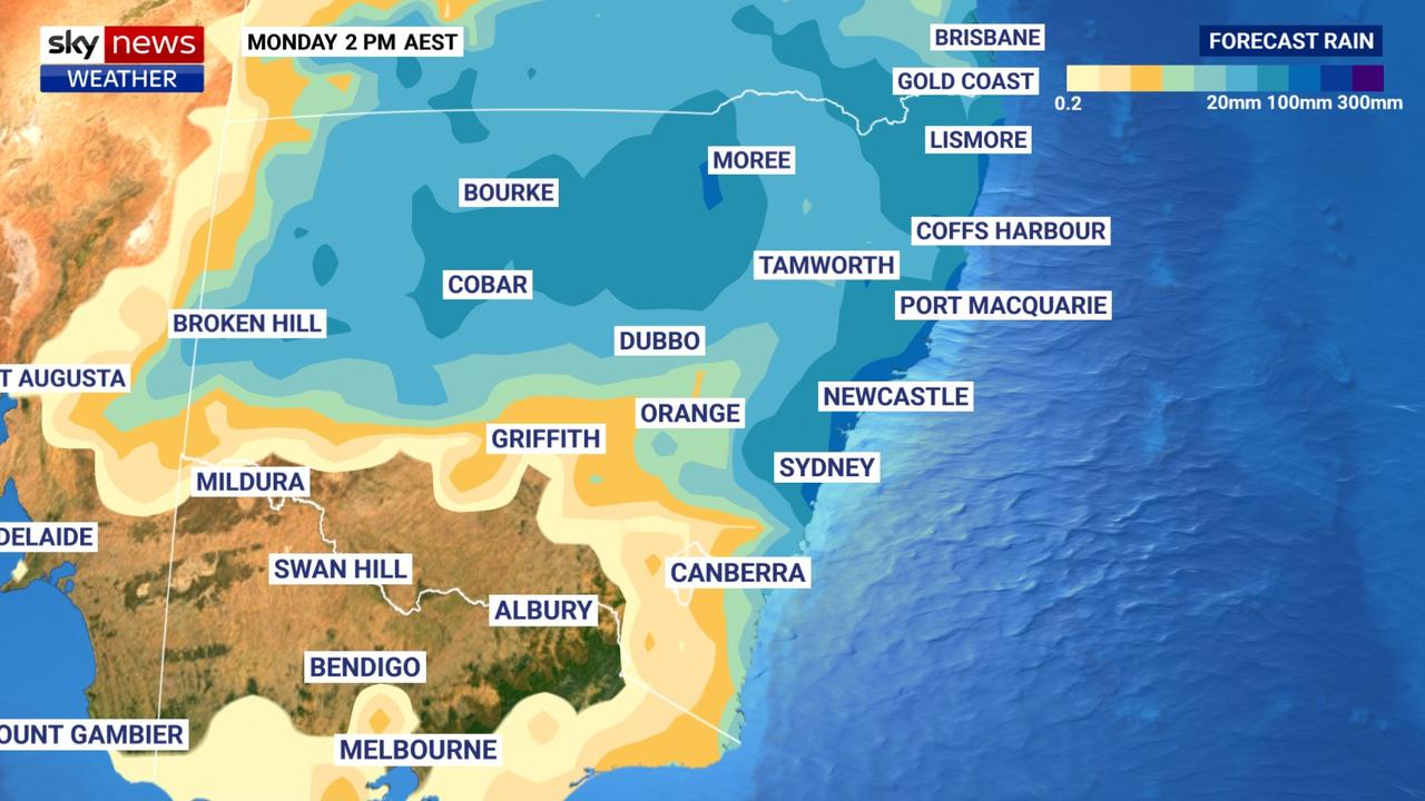 Rain totals to Monday show the NSW coast and north and south east Queensland with the heaviest falls. Picture: Sky News Weather.