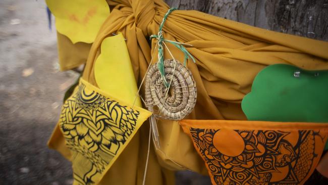 Weaving around the tree completed by Wurundjeri woman Brooke Wandin. Picture: Ryan Tews