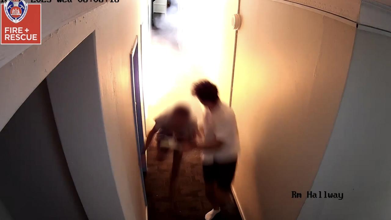 The moment two backpackers were caught in a fireball when a Lithium-ion battery exploded inside a hostel today at Darlinghurst, in inner Sydney. Photo: RFS / Supplied