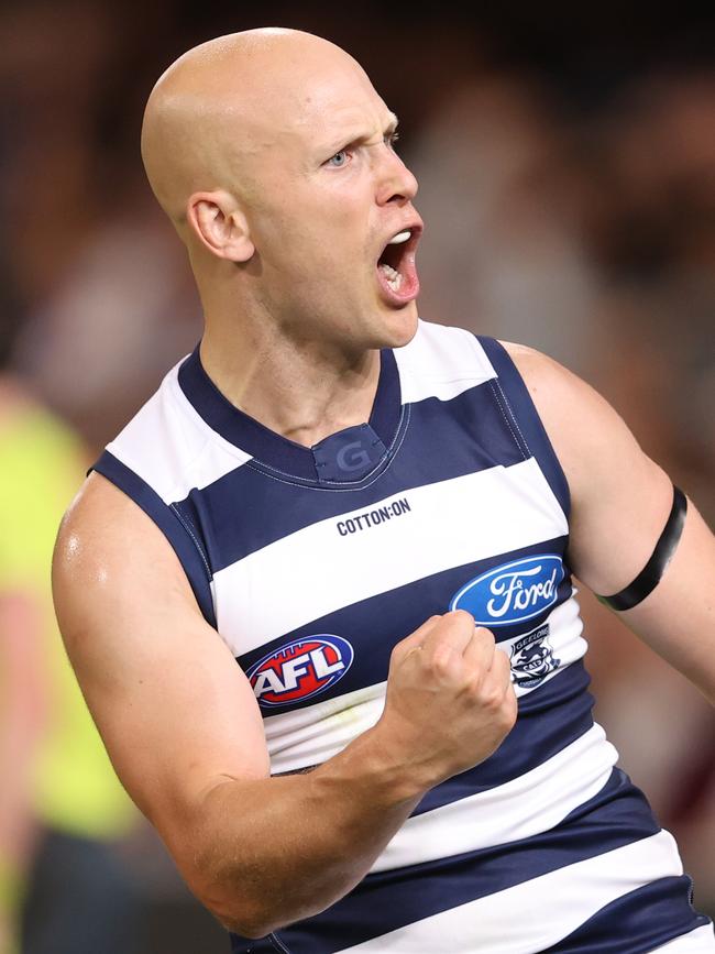 Gary Ablett celebrates a goal during Geelong’s preliminary final victory.