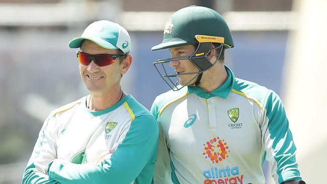 SYDNEY, AUSTRALIA - JANUARY 05: Tim Paine of Australia talks to Justin Langer, coach of Australia during an Australian nets session at the Sydney Cricket Ground on January 05, 2021 in Sydney, Australia. (Photo by Mark Metcalfe/Getty Images)