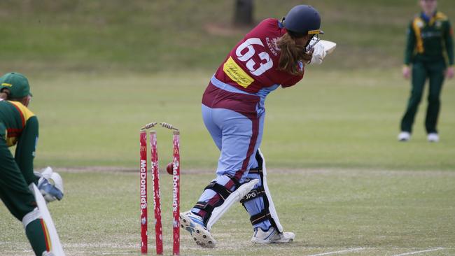 St George-Sutherland’s Taylor McMahon is beaten by Campbelltown Camden opening bowler Trushna Hadawle. Picture Warren Gannon Photography