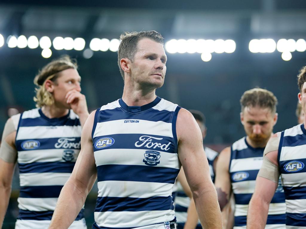 Patrick Dangerfield leads his team off the field after losing to Carlton. Picture: Dylan Burns/AFL Photos via Getty Images