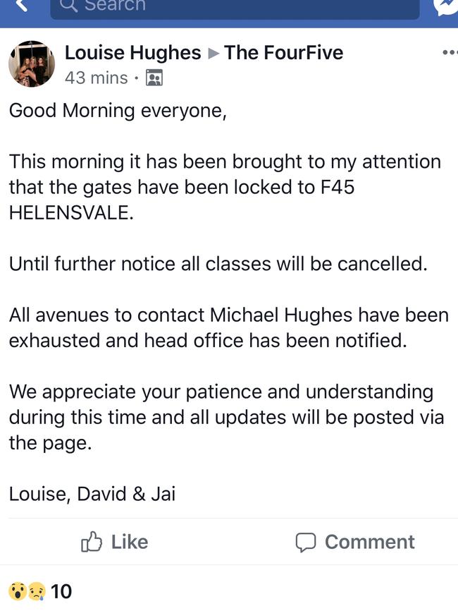 Louise Hughes post into F45 Helensvale's private Facebook page.