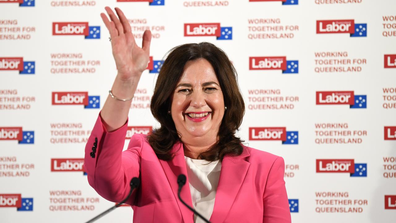 BRISBANE, AUSTRALIA - NewsWire Photos - OCTOBER 31, 2020. Queensland Premier Annastacia Palaszczuk waves as she celebrates her state election win during Labor’s election night function at the Blue Fin Fishing Club in Inala. Picture: NCA NewsWire / Dan Peled