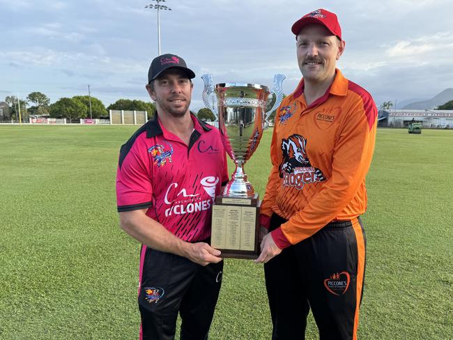 CA Architect Cyclones captain Angus Warnock and Piccones Badgers captain Jake Roach with the Barrier Reef Big Bash trophy ahead of the final. Picture: Cameron Miller