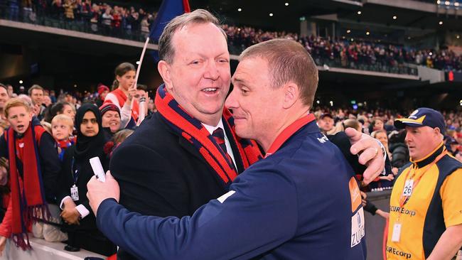 Melbourne president Glen Bartlett and coach Simon Goodwin in 2018. Picture: Quinn Rooney/Getty Images