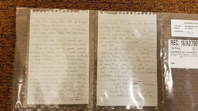 A handwritten will, allegedly written by David Lawrence before his death. Prosecutors say it was written by Wendie-Sue Dent. Source: Supreme Court.