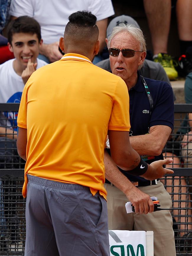 Nick Kyrgios argues with tournament umpire Gerry Armstrong in Rome. Picture: Getty Images